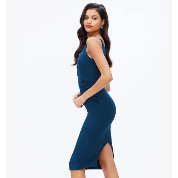 Dress The Population Anita Midi Dress V-Neck Ruched Crepe Sheath, Peacock Blue - Picture 2 of 16